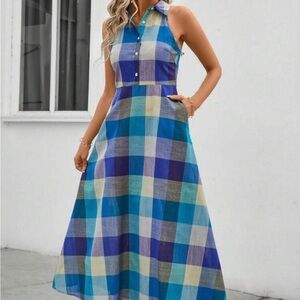 Blue Plaid Sleeveless Maxi Dress Small